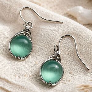 Seafoam Glass Orb Drop Earrings – Wire Wrapped Silver Tone